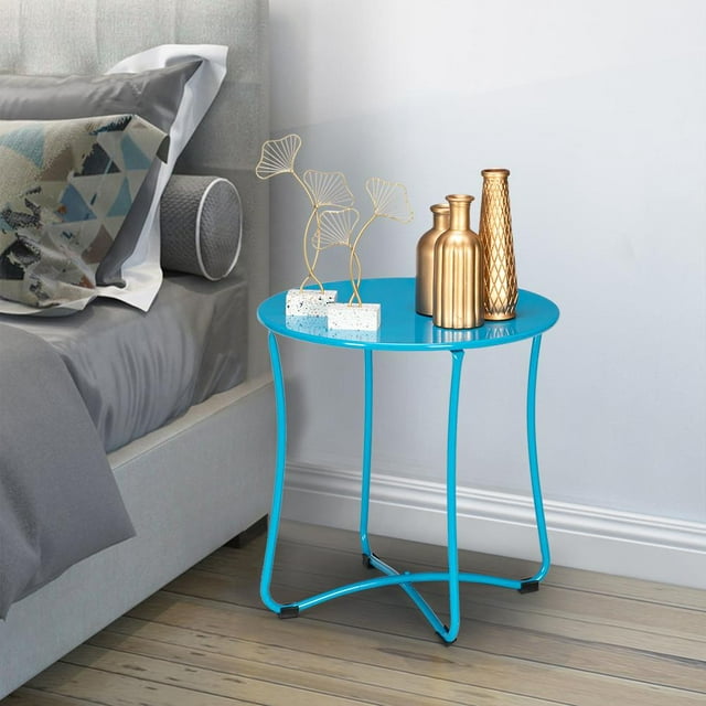 SamyoHome Metal End Table, Sofa Table Small Round Side Tables, Anti-Rust and Waterproof Outdoor & Indoor Snack Table Blue