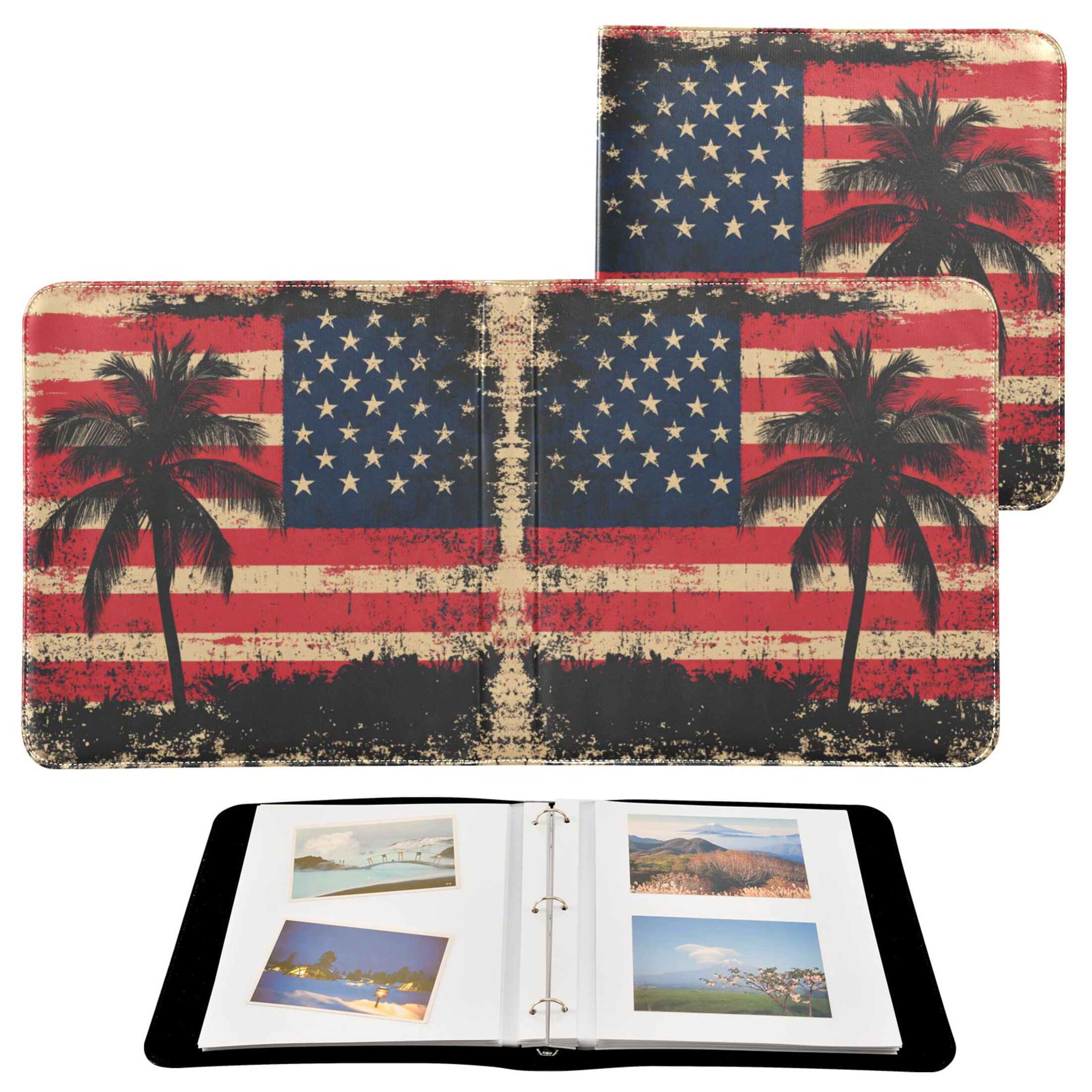 Photo Album Leather Photo Album 11.8x11.2x1.5 Inch Bookshelf Photo Album Scrapbooking Refills Scrapbook Photo Album American Flag with Palm Trees