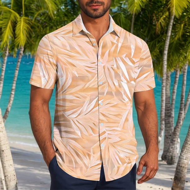 Blusa y camisa de manga corta con cuello vuelto para hombre, informal, a la moda, con estampado de bolsillo y botones, de poliéster.