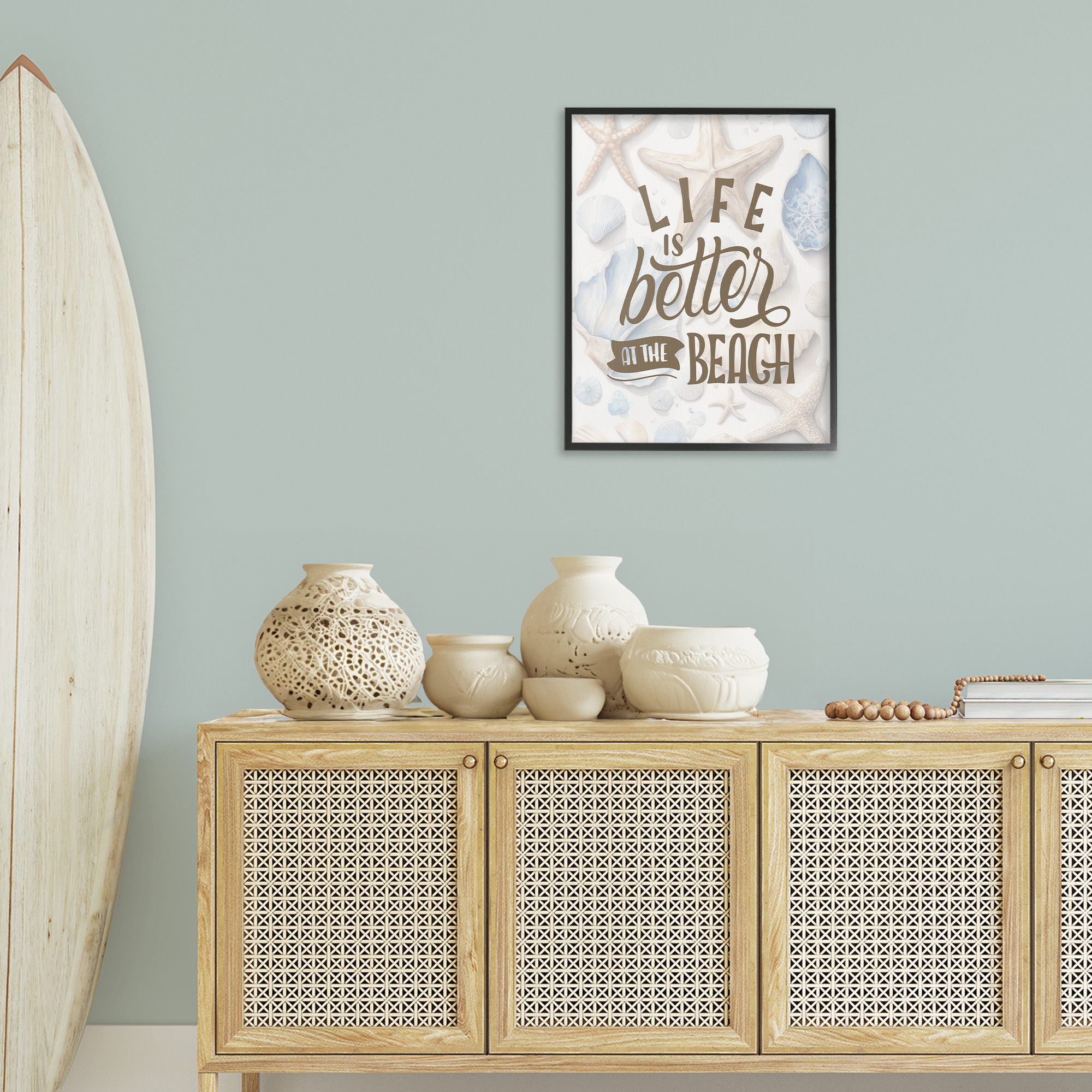 Stupell Industries Patterned Beach Phrase Typography Painting Black Framed Art Print Wall Art, 24 x 30