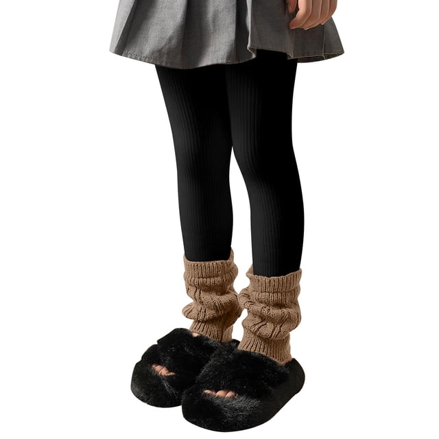 Girls Ribbed Knit Leggings Winter Lined Tights With Vertical Stripes Panel Design For Cold Weather Outdoor Play Leather Pants Girls Size 8 Athletic Clothes Dance Pants Satin Black 2-3Y