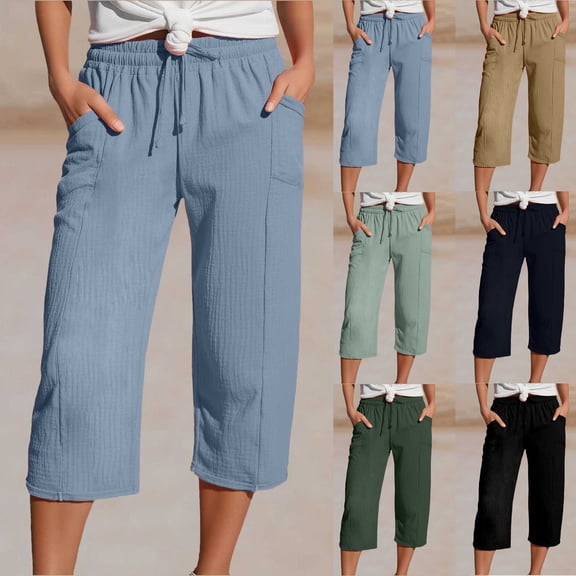 LILIYA Yoga Capris with Pockets for Women Wide Leg Elastic Drawstring Waist Pants 2026 Summer Casual Baggy Loose Comfy Trendy Cropped Trouser
