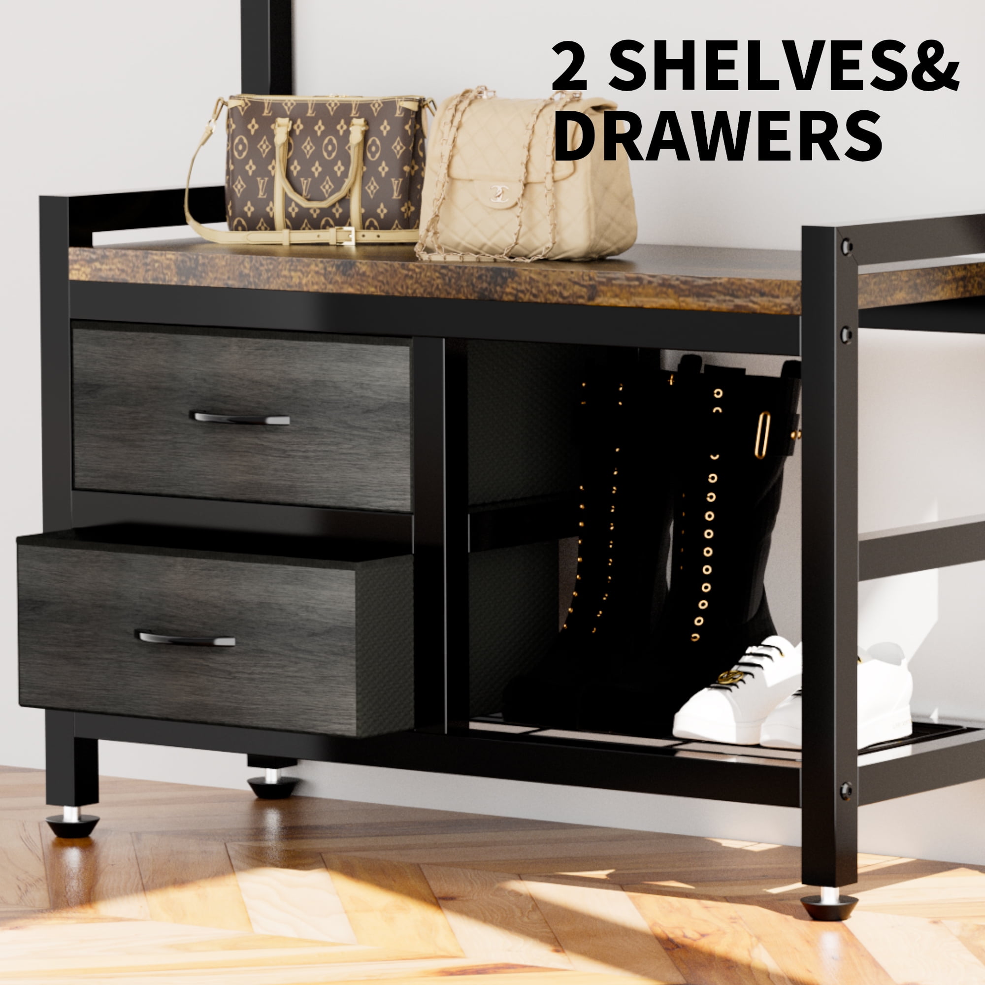 Euroco 5-in-1 Hall Tree with Coat Hooks, Shoe Storage Bench, Fabric Drawers & Hanging Rod, Rustic Entryway Organizer with Top Shelf and Metal Frame
