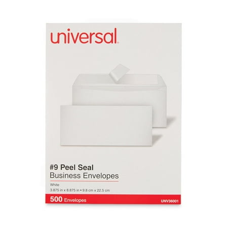 Universal UNV36001 Peel Seal 3.88 in. x 8.88 in. #9 Square Flap Business Envelopes - White (500/Box)