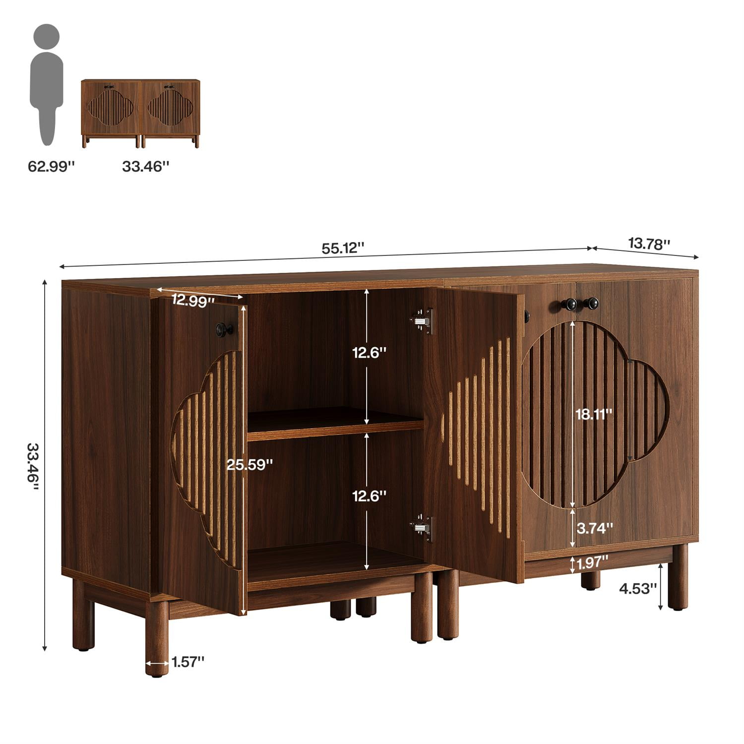 Demi Bonn 55" Mid-Century Modern Wood Buffet, Sleek Storage Cabinet, Kitchen Dining Console, Elegant Console Table, Stylish Sideboard, Brown