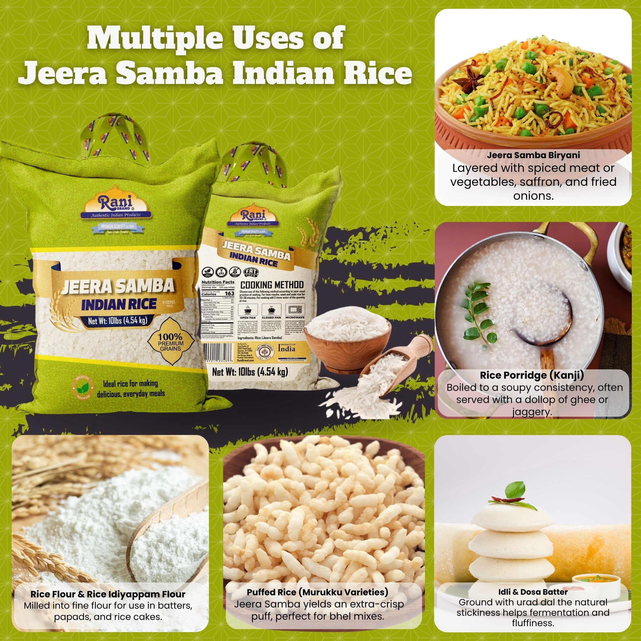 Rani Jeera Samba Indian Rice 160oz (10lbs) 4.54kg Cloth Bag ~ All Natural | Gluten Friendly | Vegan | Kosher | Export Quality | Indian Origin