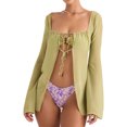 thumbnail image 1 of VISgogo Camisa de playa con amarre para mujer, estampado floral/manga acampanada de color sólido con cuello cuadrado VISgogo moda, 1 of 4
