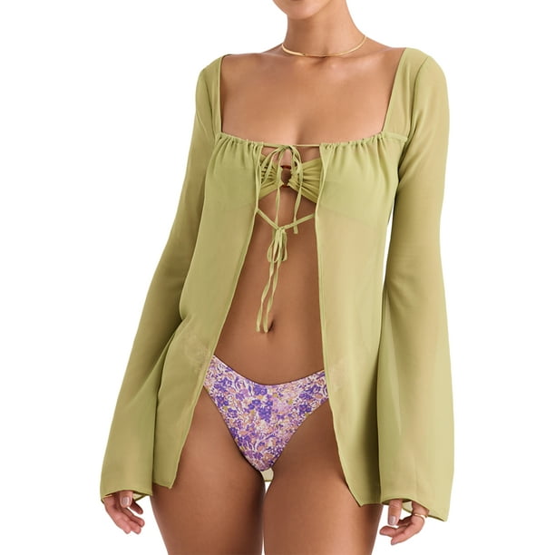 SAYOO - Camisa de playa con amarre para mujer, estampado floral/manga acampanada de color sólido con cuello cuadrado SAYOO Moda