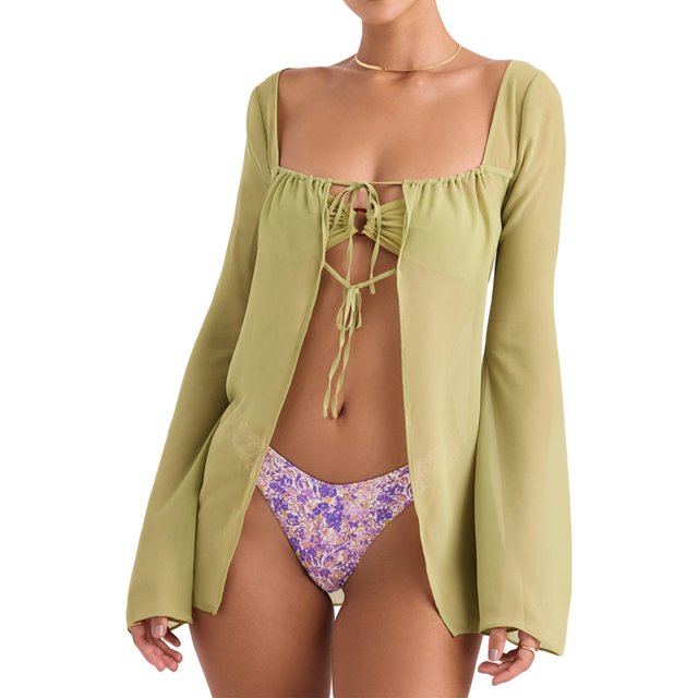 VISgogo Camisa de playa con amarre para mujer, estampado floral/manga acampanada de color sólido con cuello cuadrado VISgogo moda