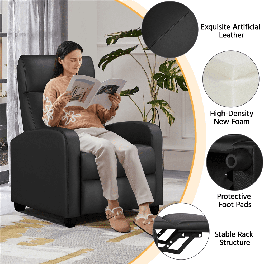Alden Design Faux Leather Push Back Theater Recliner Chair with Footrest for Livingroom, Black