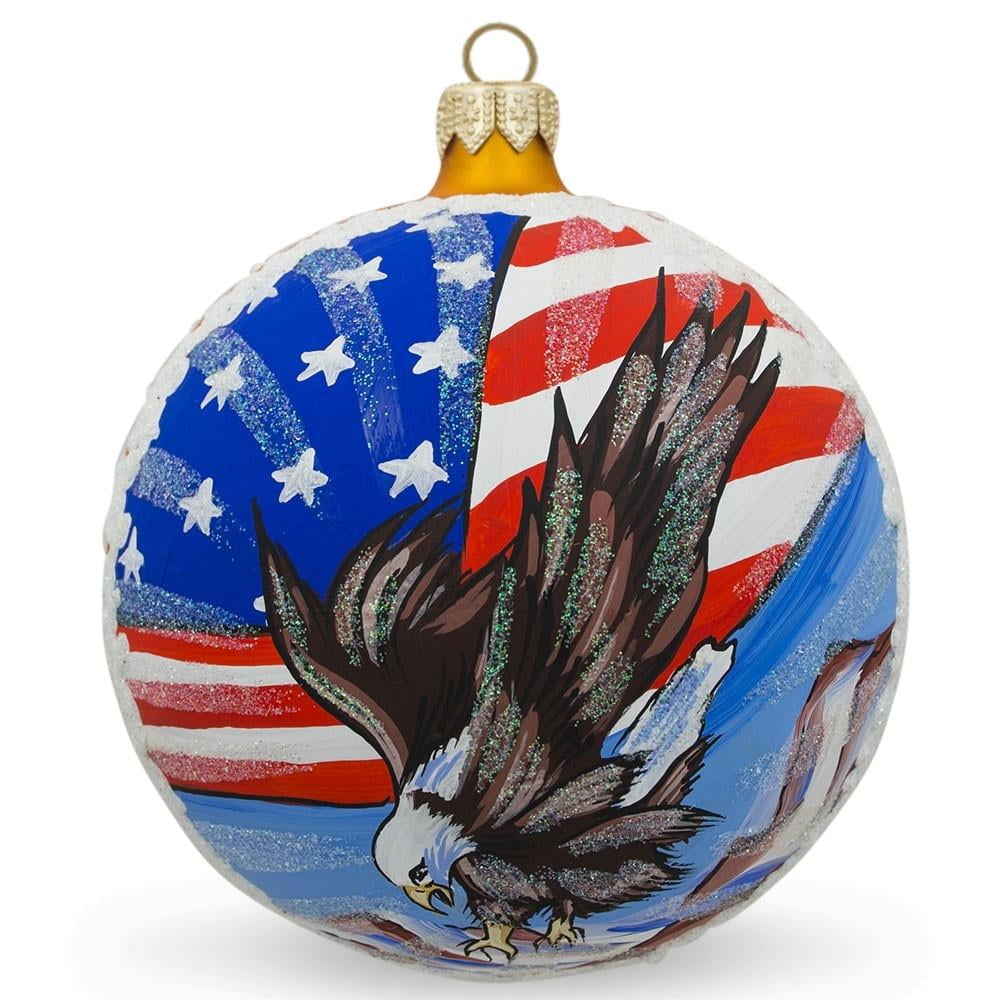 USA Flag and Bald Eagle Glass Ball Christmas Ornament 3.25 Inches 