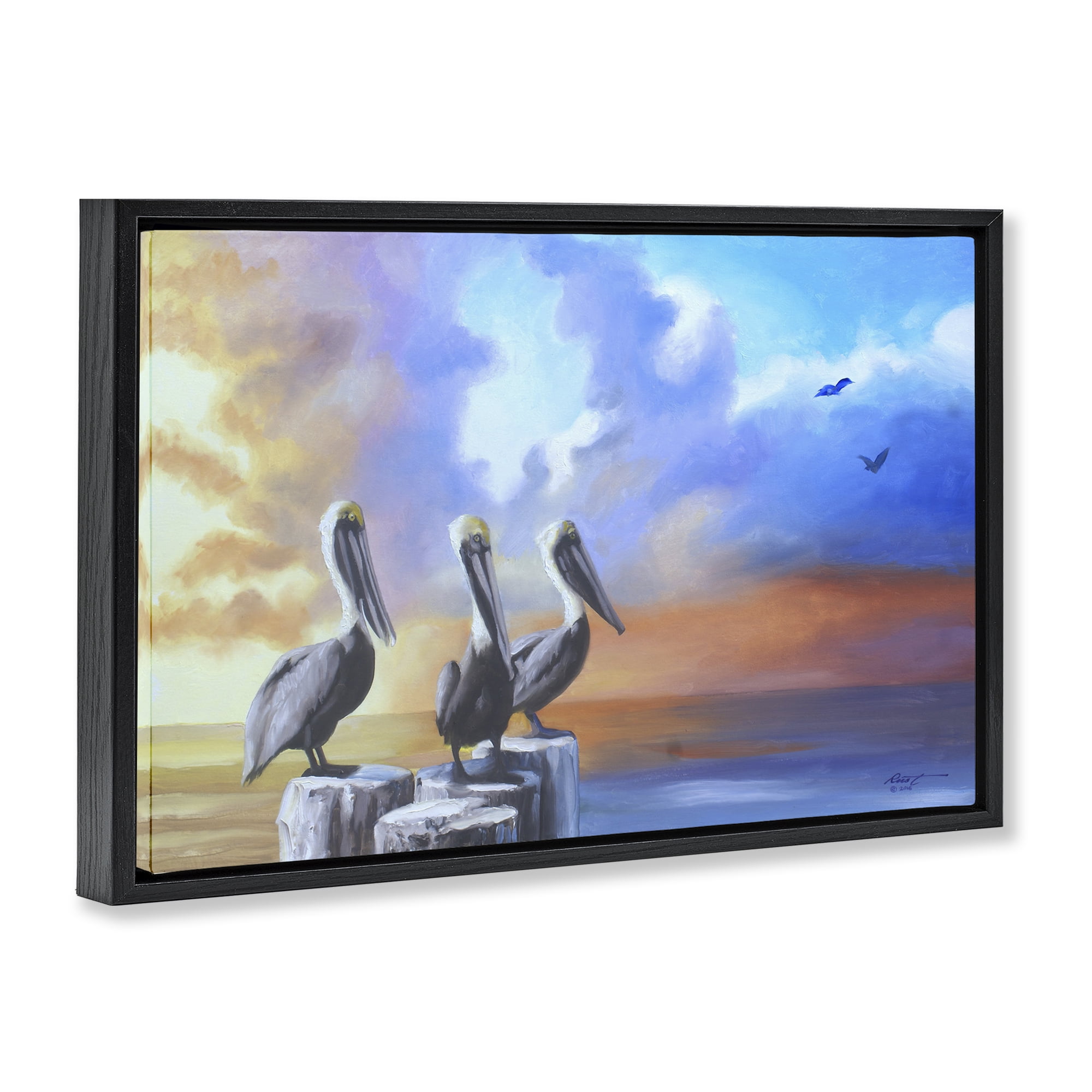 Stupell Industries Vivid Pelican Trio Landscape Painting Black Floater Framed Canvas Art Print Wall Art, 31 x 21