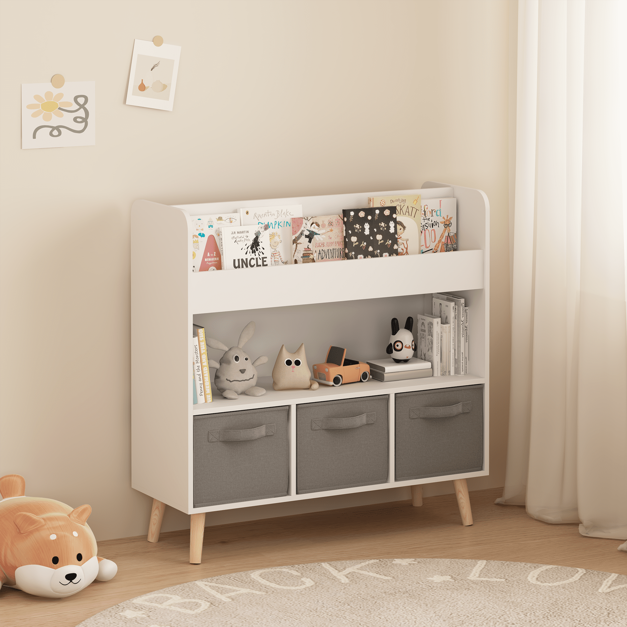 Kids Bookshelf with 3 Removable Fabric Bins, 4 Open Display Shelves, Wooden Toy & Book Organizer for Playroom Bedroom Nursery