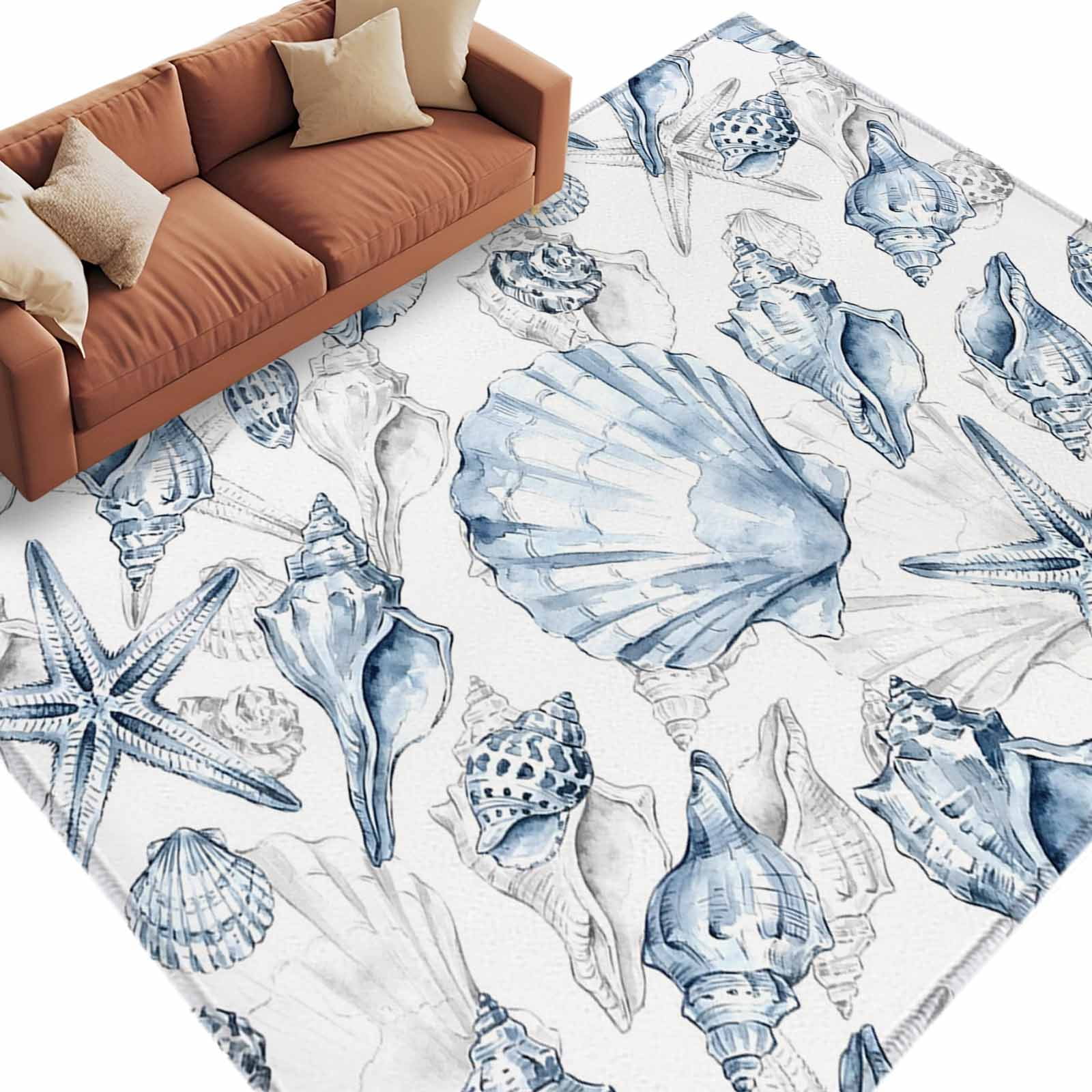Area Rug 5x8ft Watercolor Ocean Shell Conch Starfish Washable Rugs for Living Room Bedroom Blue White Marine Life Soft Non-slip Area Rugs Rectangle Floor Carpet for Dining Room