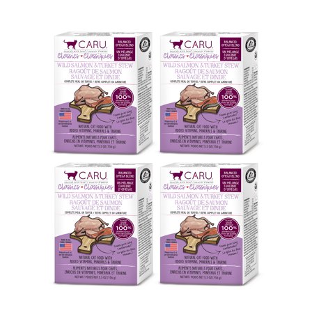 CARU - Classics Wild Salmon & Turkey Stew for Cats - Healthy Functional Wet Cat Food or Food Topper - Balanced Omega Blend - 5.5 oz Cartons - Pack of 4
