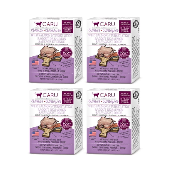 CARU - Classics Wild Salmon & Turkey Stew for Cats - Healthy Functional Wet Cat Food or Food Topper - Balanced Omega Blend - 5.5 oz Cartons - Pack of 4