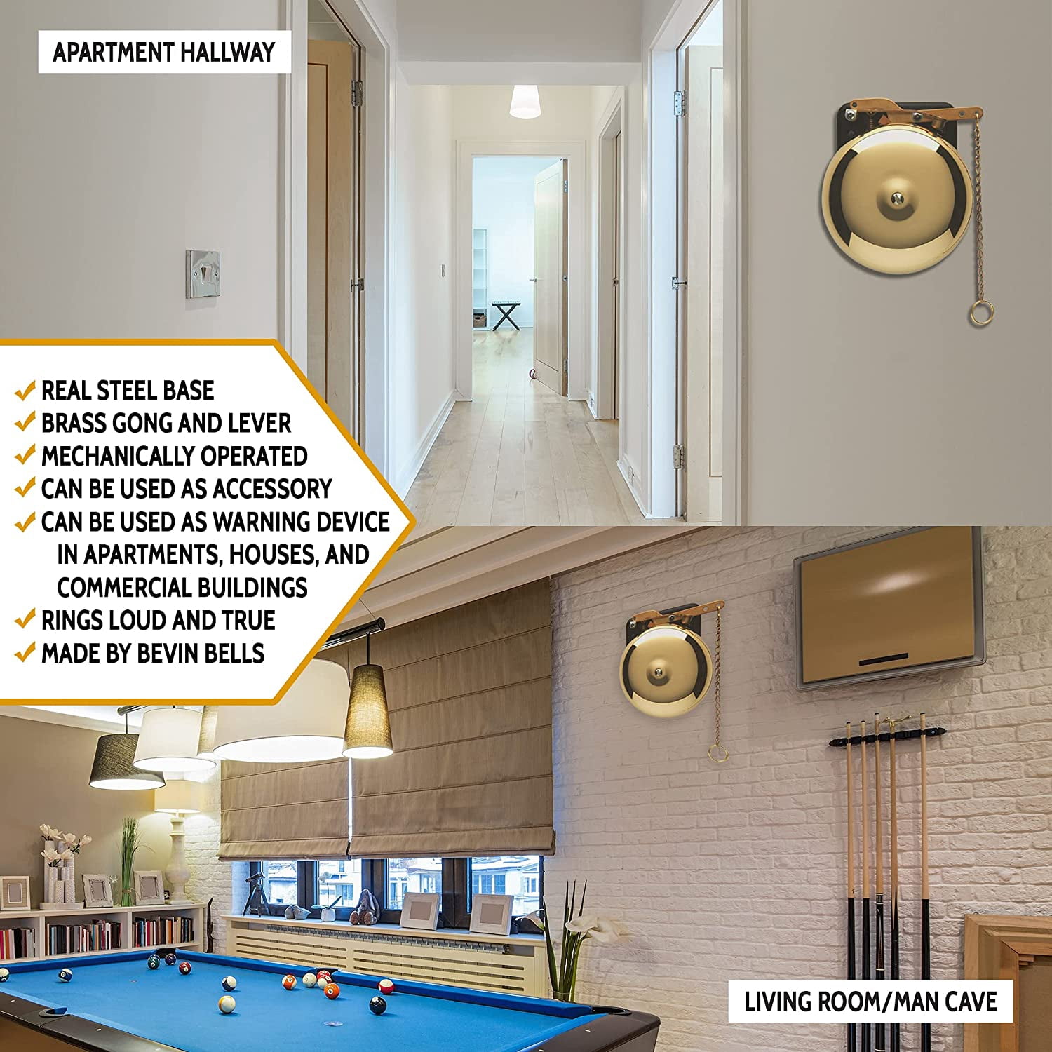 Bevin Bells Brass Trip Gong | Traditional Prize Fighter 6" Boxing Bell | Loud & Made of Steel & Brass | Boxing Training and Warning Device in One | Man Cave / Bar Accessory | Made in USA