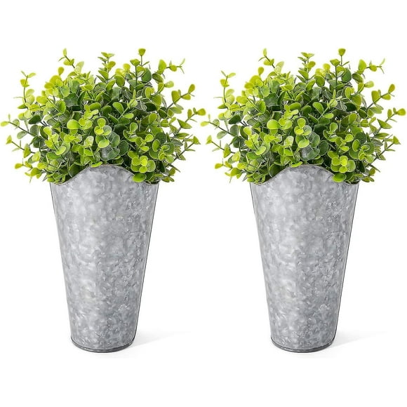 2 Pack Galvanized Metal Wall Planter With Artificial Eucalyptus Farmhouse Style Hanging Wall Vase Planters Flowers Holder For Country Rustic Home Wall