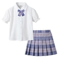 thumbnail image 4 of Kids Girls Preppy School Uniform 3-Piece Set Cotton Short Sleeve Blouse High Waist Purple Plaid Pleated Skirt with Bow Tie 3T,Size 12-13T, 4 of 6