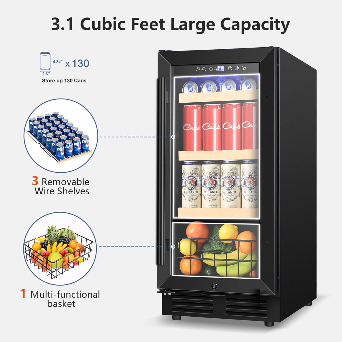 15" Black Beverage Refrigerator 130 Can Built-In/Freestanding Beer Cooler Fridge With Basket And Reversible Hinge