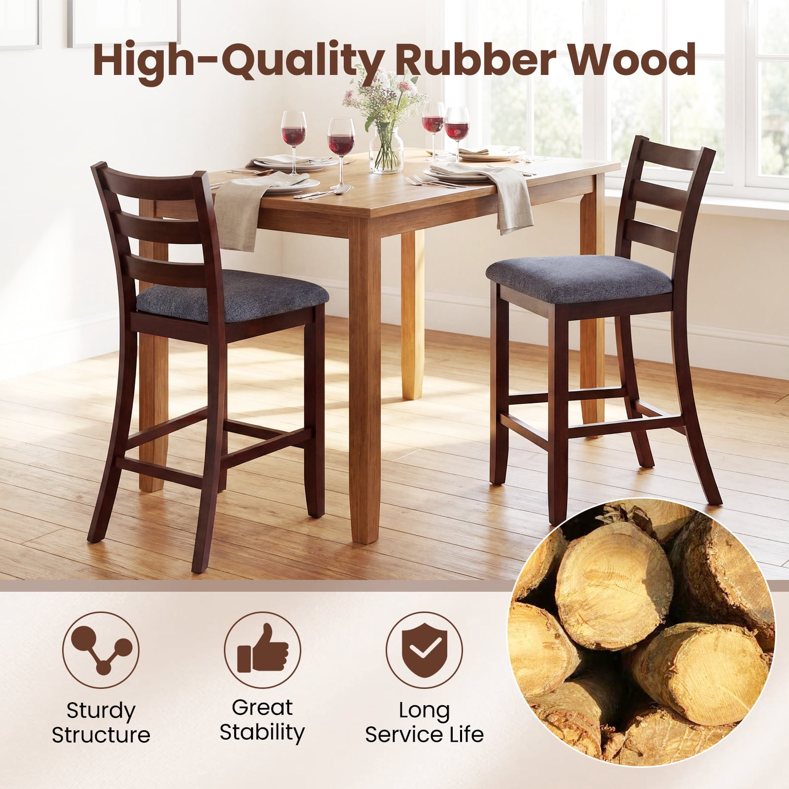Gymax Bar Stools Set of 4 Upholstered Counter Height Barstools w/ Padded Seat Footrest & Backrest Farmhouse