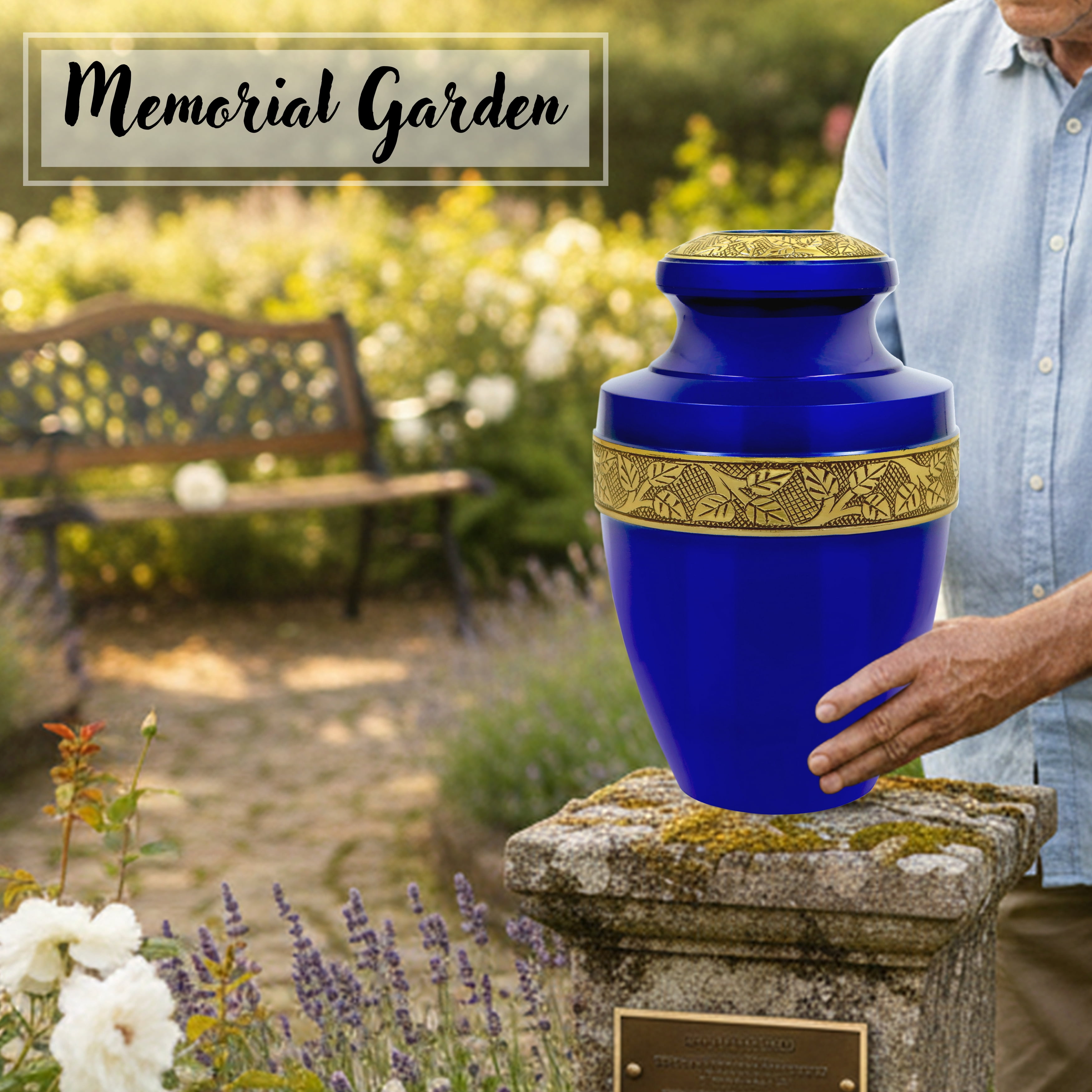 Handcrafted Aluminum Urn - Decorative Memorial Holder for Ashes and Remembrance (Sapphire & Royal Gold)