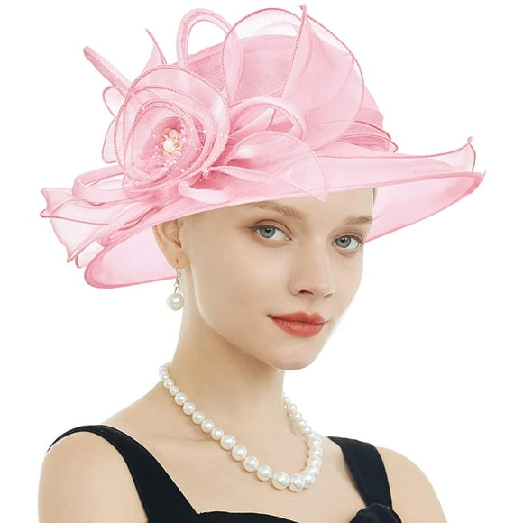 RZTA Sombrero de vestir de iglesia Kentucky Derby para mujer, ala ancha, flor de hoja, sombrero de despedida de soltera
