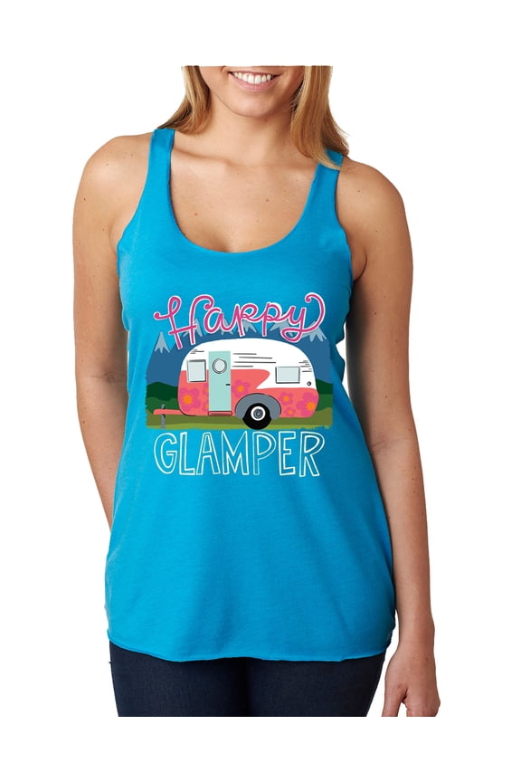 Happy Glamper | Fancy Camping Camper Van Caravan | Nature Lover Tri-Blend Racerback Sleeveless Top, Vintage Turquoise, S
