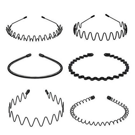 6PCS Metal Hair Bands, Spring Wavy Hoop Unisex Black Headband Slicked Back Non Slip Sports Hairband for Women Men… 6 pcs