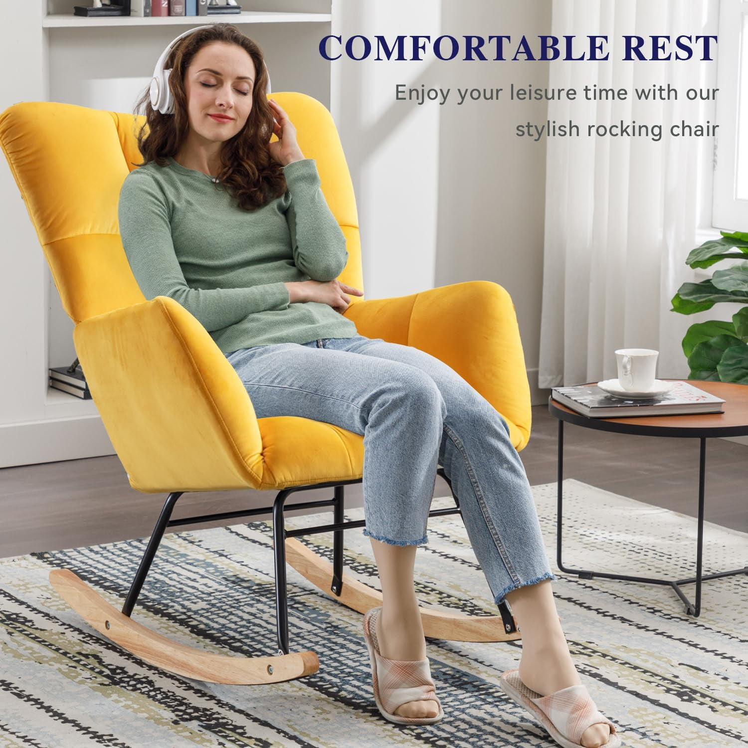 Rocking Chair Nursery Teddy Upholstered Glider Rocker High Backrest Nursery Rocker Comfortable Stylish Accent Armchair for Living Rooms Bedrooms Offices