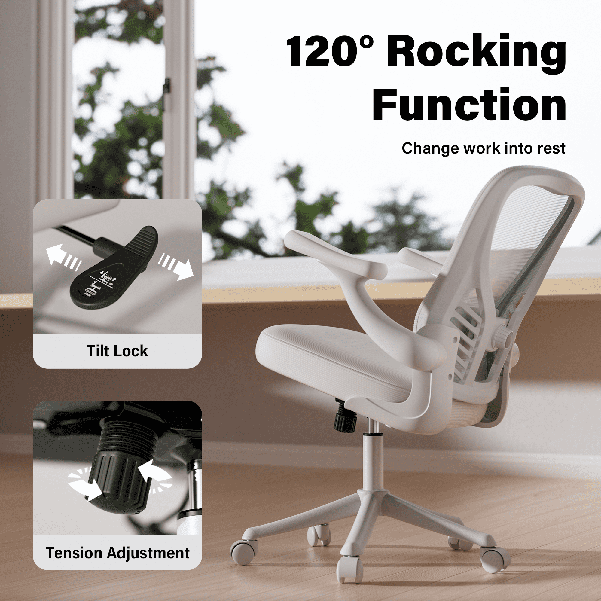 Solfway White Mesh Office Chair, Ergonomic Desk Chair with Adjustable Lumbar Support, 3D Flip-up Arms, Wheels, Rocking Function