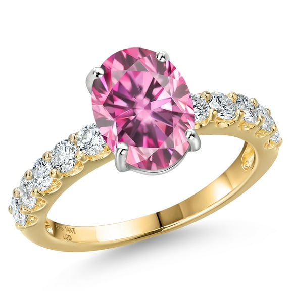 Gem Stone King 14K Two Tone Gold Pink Moissanite and Lab Grown Diamond Engagement Ring for Women | 3.47 Cttw | Oval 10X8MM | Gemstone Birthstone | Size 9
