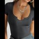 thumbnail image 5 of Camisetas de Corta para Mujer, Ajustadas, de Punto Acanalado, con Cuello en V, Top Corto Básico Gris Oscuro M, 5 of 9