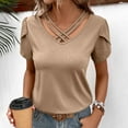 thumbnail image 6 of RKZDSR Women's Summer Tops Criss Cross Hollow V Neck Blouse Solid Color Basic Shirts Double Layer Puff Short Sleeve T-Shirt Plain Femal Workout Tops Khaki L, 6 of 8