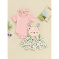 thumbnail image 2 of Bslissey Baby Girls Overalls Dress Sets Solid Color Cap Sleeve Romper + Bear Embroidery Floral Print Overall Dress + Headband 0-18M Infant Spring Cute 3Pcs Outfits, 2 of 8