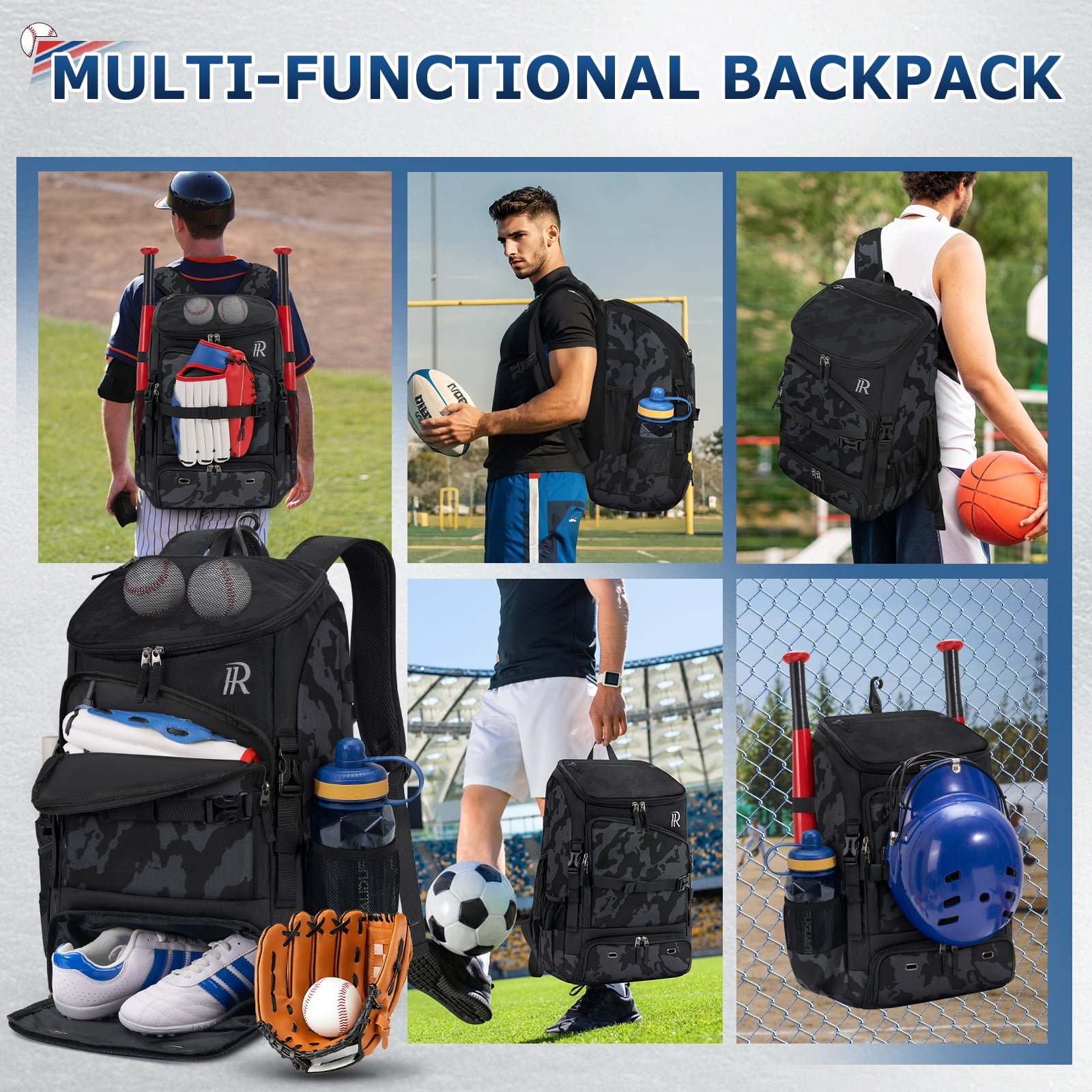 RAINSMORE Baseball Backpack 40L Large Softball Baseball Backapck with Helmet Holder, Shoe Compartment & Fence Hook, Durable Softball Gear Bag,Camouflage