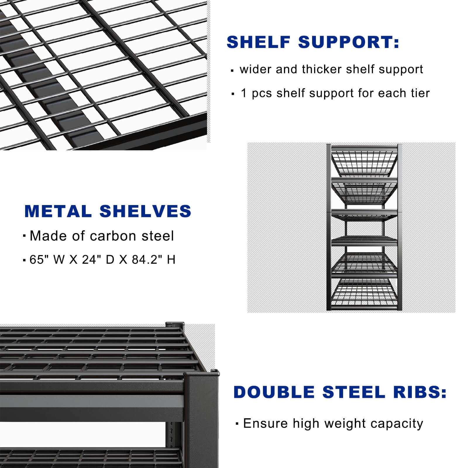 PMKES 65" W Garage Shelving 6 Tier Heavy Duty Storage Shelves 3500LBS Adjustable Metal Shelving Unit for Storage Rack 65" W x 24" D x 84" H