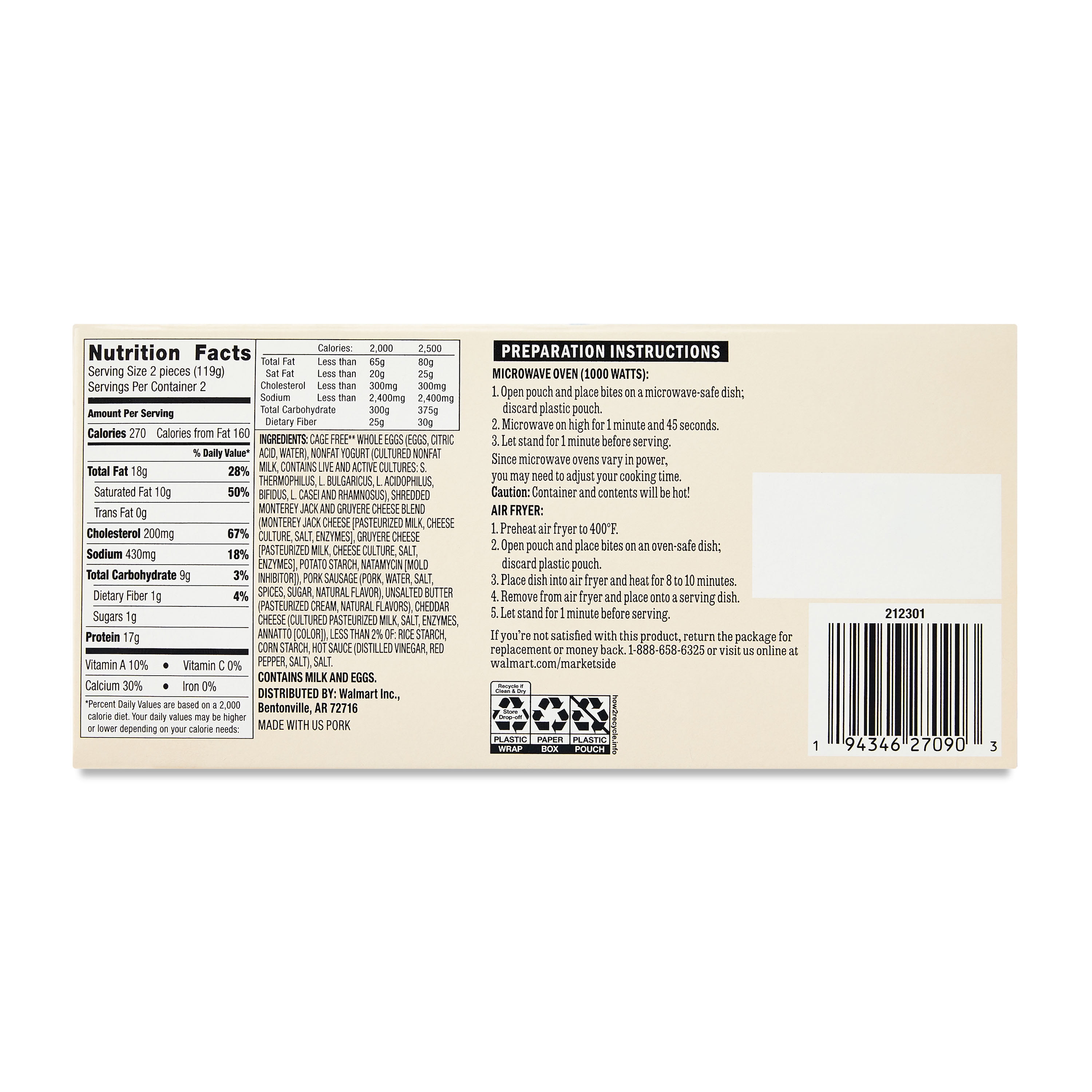 Marketside Sous Vide Egg Bites with Pork Sausage & Three Cheese Blend, 8.4 oz, 4 Count