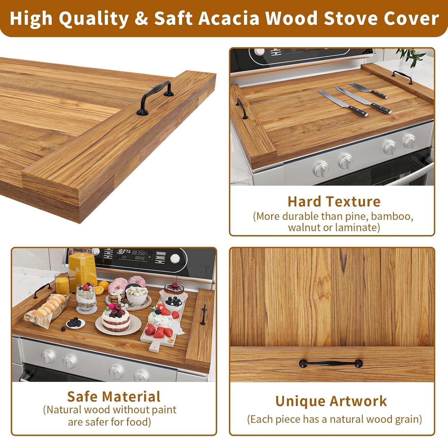 Noodle Board Stove Cover with Handles for Electric, Gas Stove Top 22 "x 30 "Acacia Wood Range Stovetop Protector