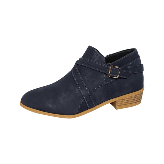 Xfvqtps Womens Ankle Boots with Side Zipper Cross Strap Low Block Heel Round Toe Slip on Casual Short Boots Comfortable for Fall Winter Indoor Outdoor Navy