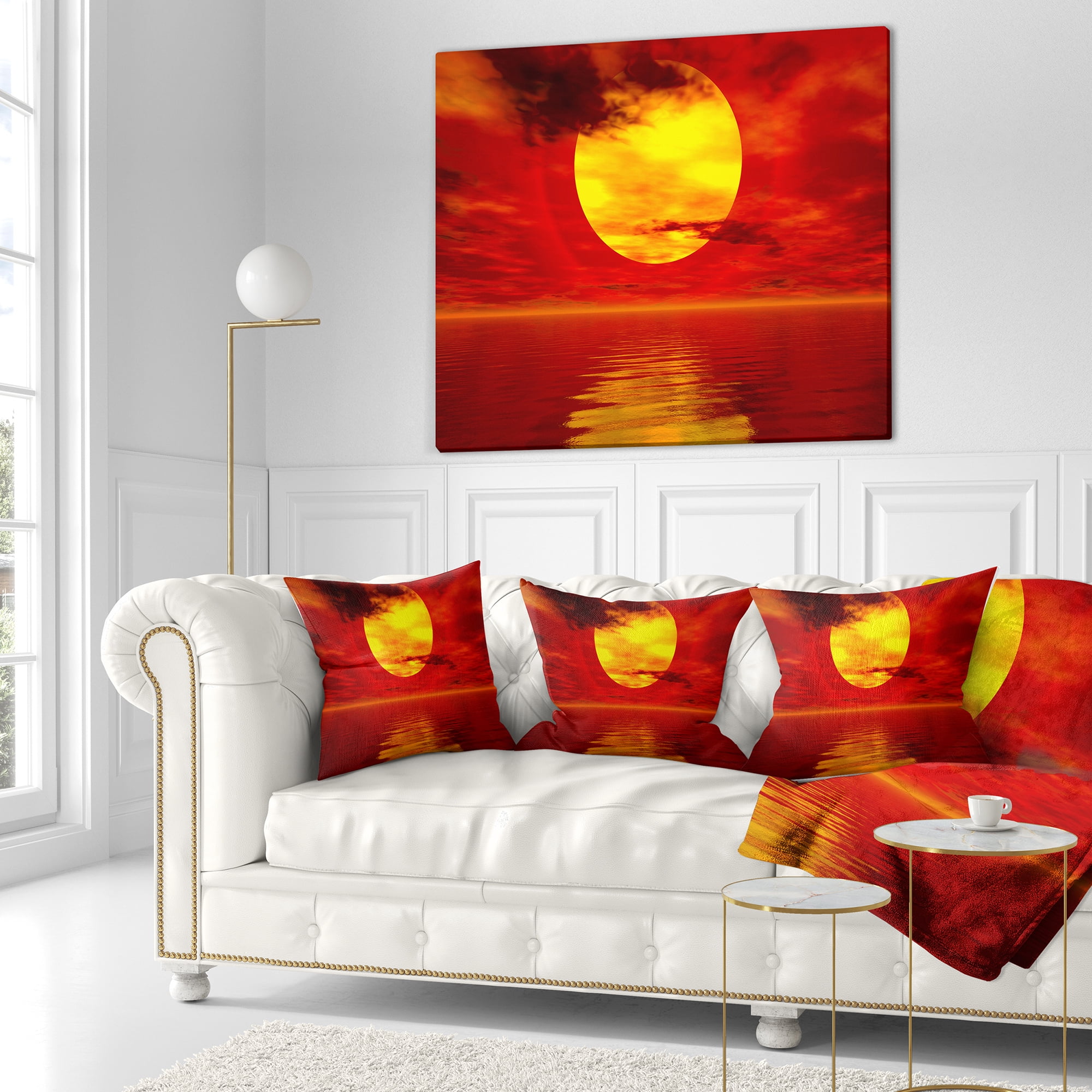Designart Golden Sun Sinking in Red Waters - Seashore Throw Pillow - 18x18