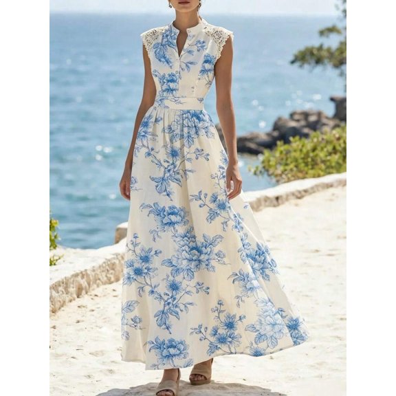 Sky Blue Floral Print V-Neck Lace Trim Maxi Dress For Summer Vacation