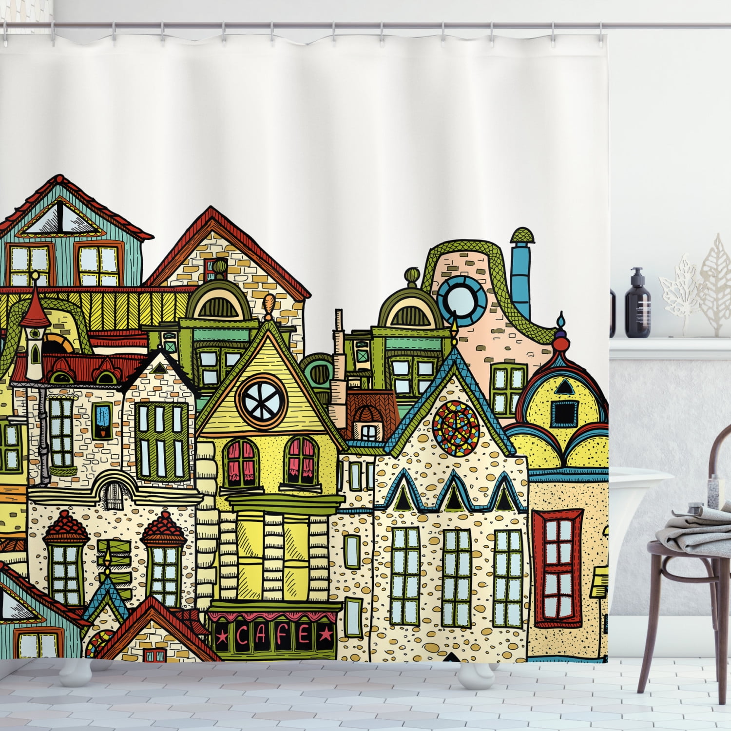 Wanderlust Decor Shower Curtain, Old Town Retro Art With Colorful