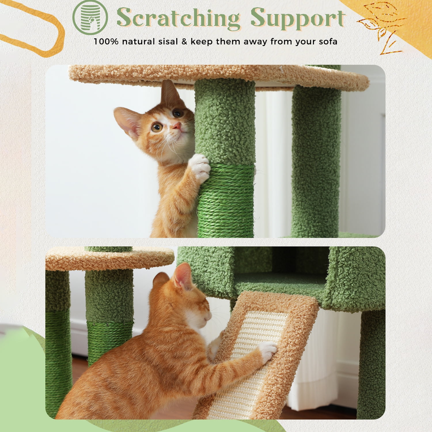 Pefilos 53" Cat Tree for Indoor Cats, Large Condo, Sisal Scratching Posts, Hammock & Perch, Fresh Cactus Design, Sturdy, Multi-Level, Green