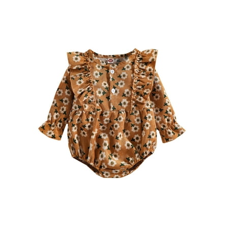 

Nokpsedcb Vintage Spring Fall Princess Romper Infant Baby Girls Ruffles Flower Print Corduroy Jumpsuits Orange 12-18 Months