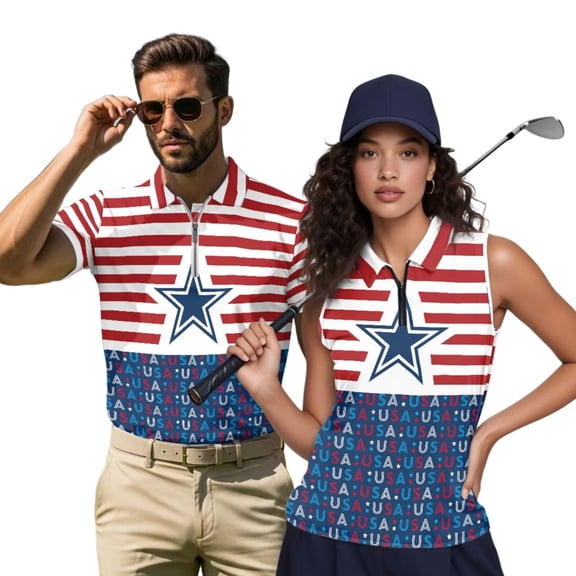 Garronmavis Patriotic USA Star Matching Golf Shirts for Couple Quarter Zip Women's Matching Hawaiian Golf Shirt for Couple Moisture Wicking 4-Way Stretch Suitable for Golf Enthusiasts