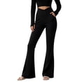 thumbnail image 3 of LIaqionyy Women's Flare Yoga Pants Stretch Casual Ribbed High Waist Leggings Solid Color Bootcut Bottom Pant with Pockets, 3 of 6