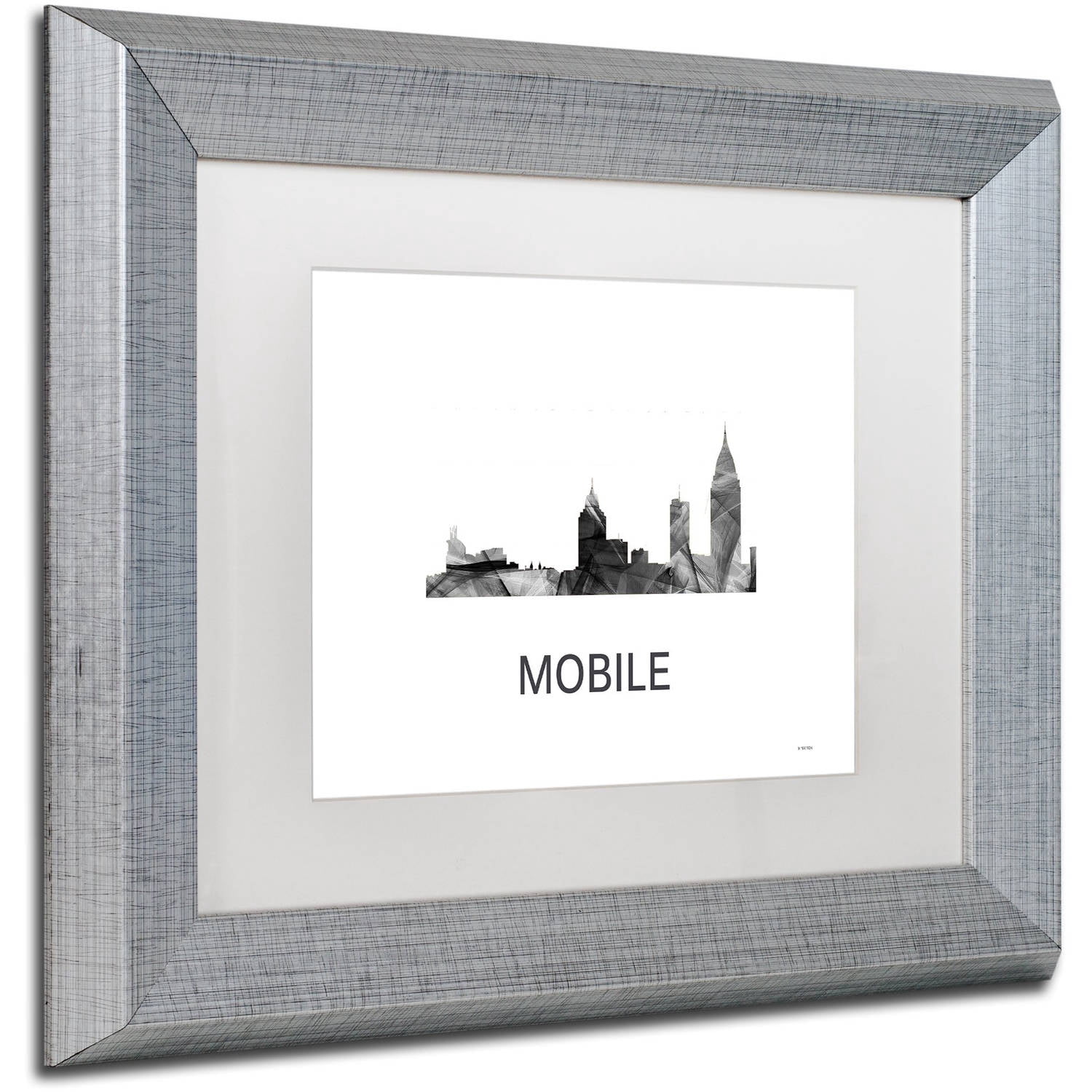 Trademark Fine Art 'Mobile Alabama Skyline WB-BW' Canvas Art by Marlene Watson, White Matte, Silver Frame