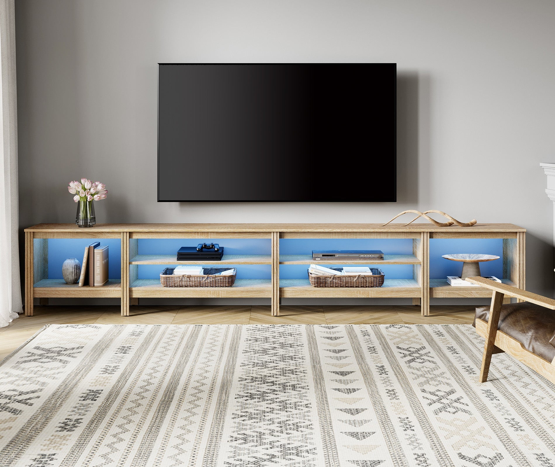 Fitueyes 118" Mid-Century Modern TV Stand for 85-100" TVs, Home Entertainment Center with Open Shelves & LED Light for Living Room, Oak