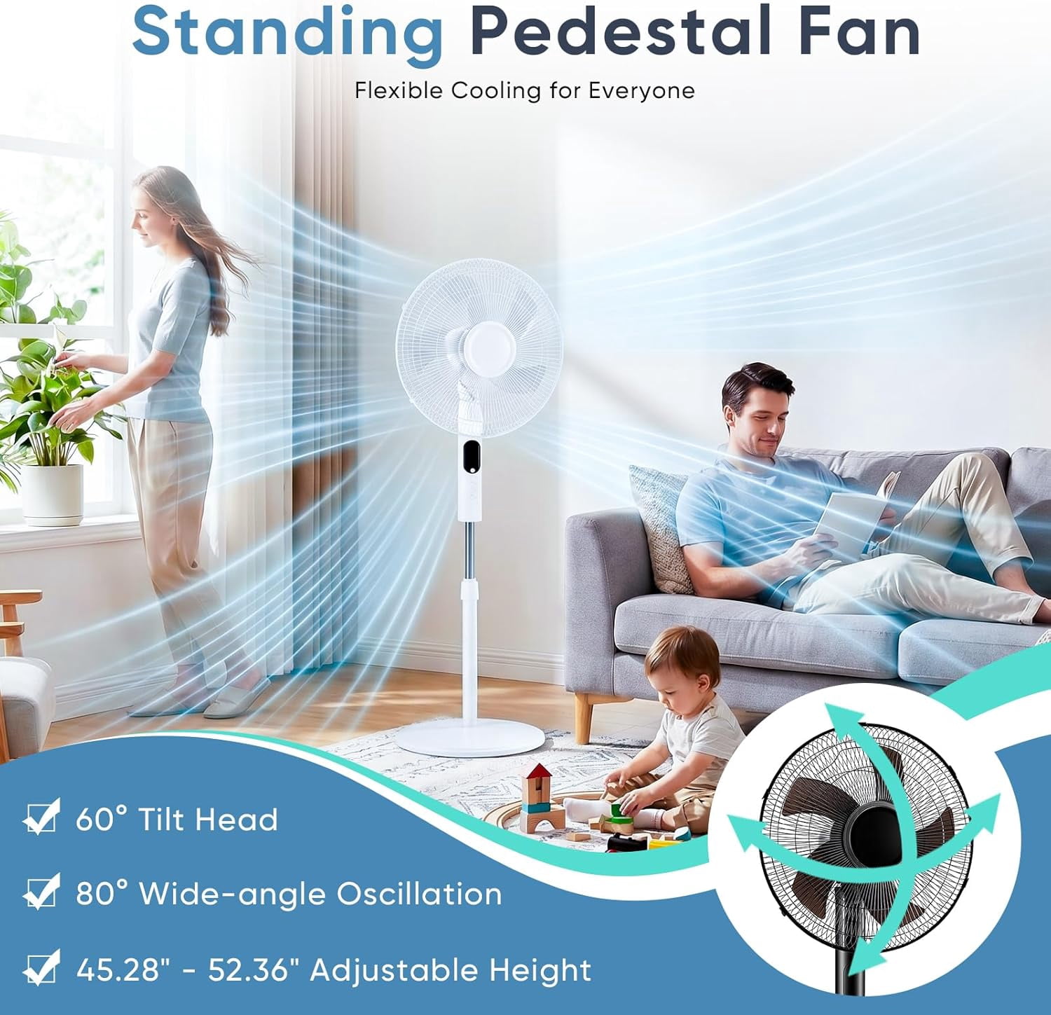 Oscillating Pedestal Stand Fan with Remote, 3 Speed Powerful Airflow Adjustable Height, 3 Speed & 3 Wind Modes,80°Angle Floor Cooling Fan for Bedroom Office, White